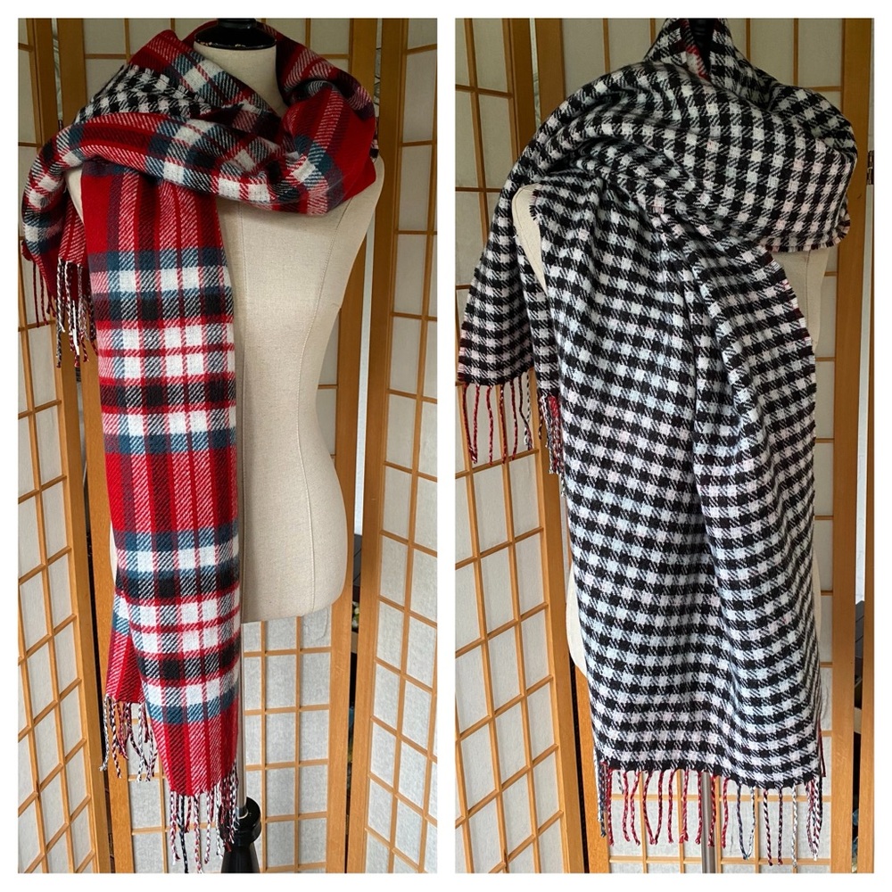 Reversible Fall/Winter Scarf/Wrap Black & White Check…Red Plaid With Fringe OS